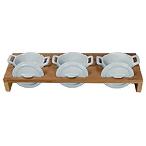 JUEGO 3 CAZUELITA OVAL C/ASAS Y TAPA 70ML BASE MADERA 33X11X6CM