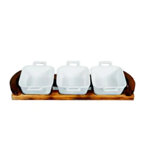 JUEGO 3 CAZUELITA CUADRADA C/ASAS 150ML BASE MADERA 35X12X5CM